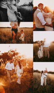 Grid of field maternity photos showing pregnant mother in red gown, family moments, golden hour light, and connection between parents and toddler