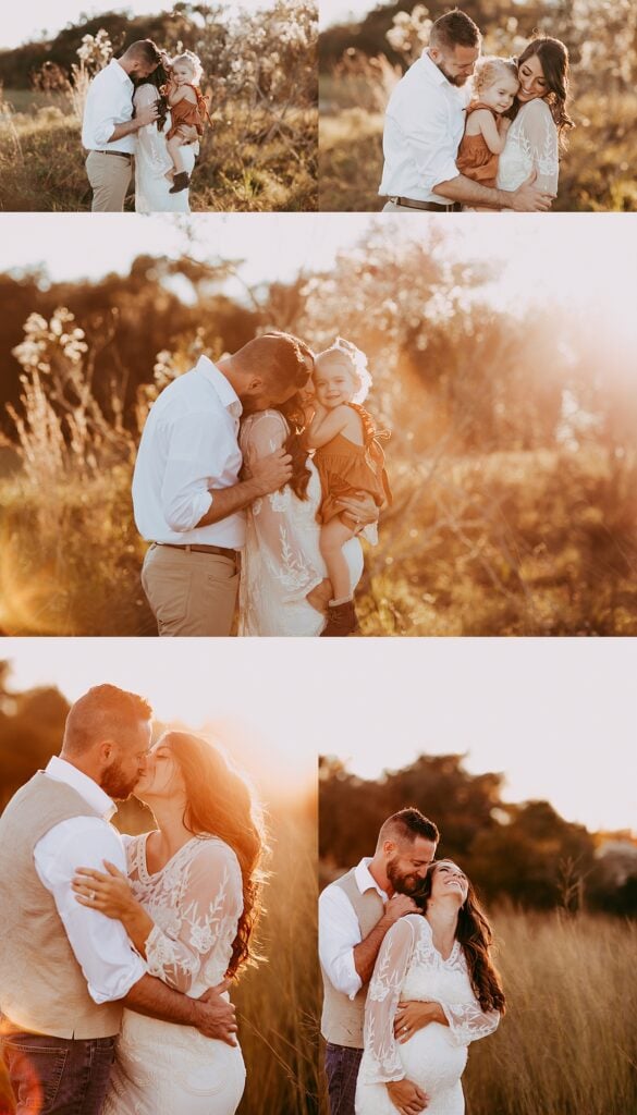 Grid of field maternity photos showing pregnant mother in red gown, family moments, golden hour light, and connection between parents and toddler