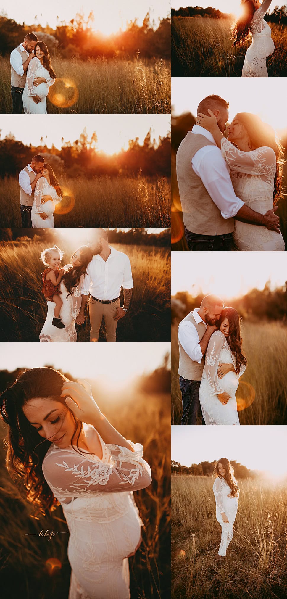 Grid of field maternity photos showing pregnant mother in red gown, family moments, golden hour light, and connection between parents and toddler