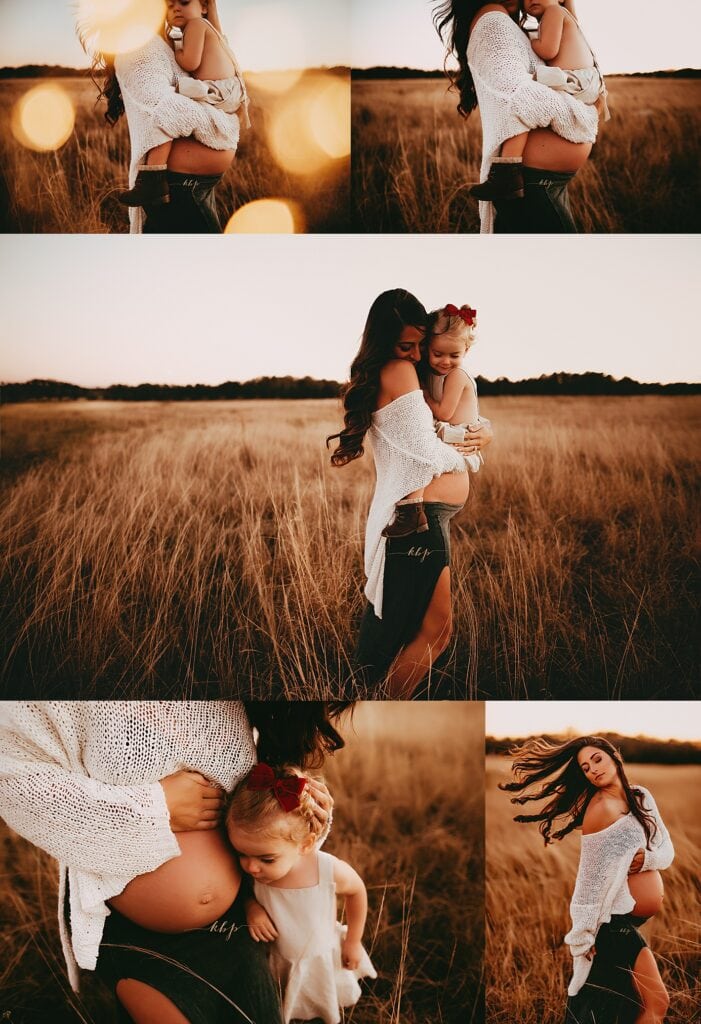 Grid of field maternity photos showing pregnant mother in red gown, family moments, golden hour light, and connection between parents and toddler