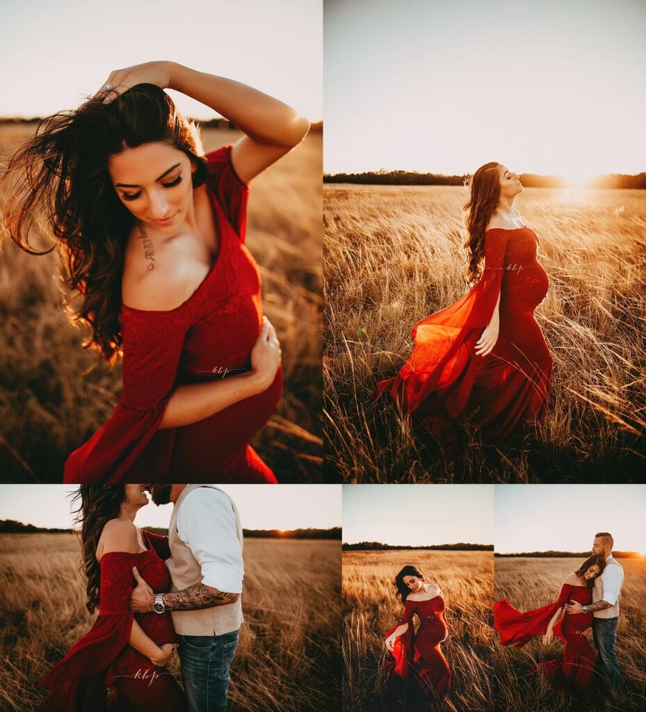 Grid of field maternity photos showing pregnant mother in red gown, family moments, golden hour light, and connection between parents and toddler