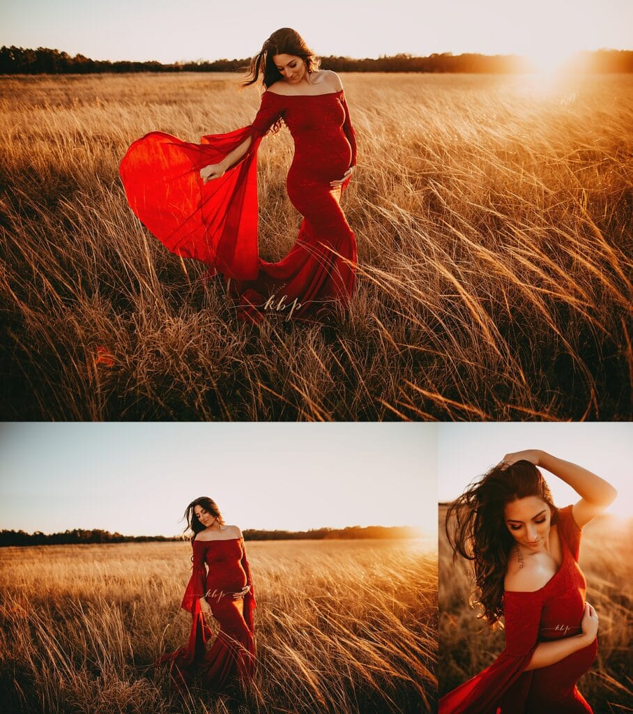 Grid of field maternity photos showing pregnant mother in red gown, family moments, golden hour light, and connection between parents and toddler