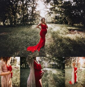 Red maternity photo shoot dress displayed on pregnant model in tree-lined field, showing full-length flowing gown, close-up details of fabric and fringe wrap, and various poses demonstrating dress movement and elegance