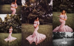 Maternity photo shoot dress gallery showing pregnant woman in mauve pink flowing gown with train, captured in multiple poses in grassy field setting with trees, includes both color and black and white versions
