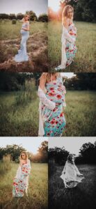 Collection of maternity photo shoot dress styles featuring expectant mother in light blue form-fitting dress and turquoise floral maternity dress with white fringe shawl, photographed in golden hour field light from various angles