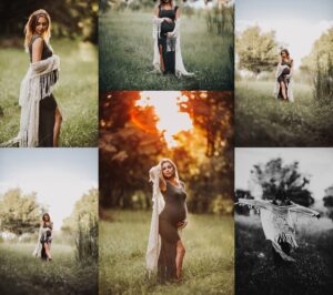 Grid of maternity photo shoot dress options showing pregnant woman in black fitted dress with white fringe wrap, displayed in multiple poses and angles in outdoor field setting with natural green background