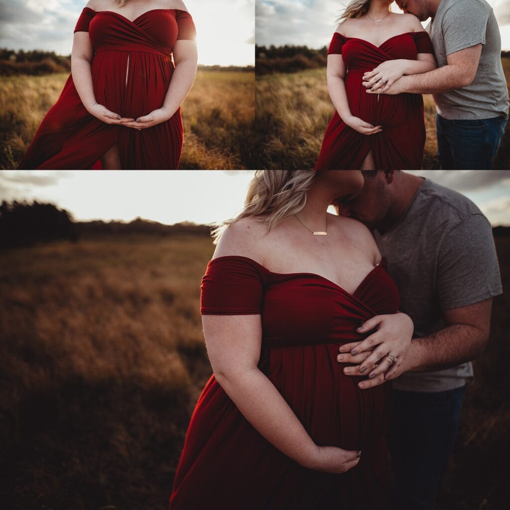 Expecting mother in burgundy dress silhouetted against golden hour sunset, Tampa maternity photography