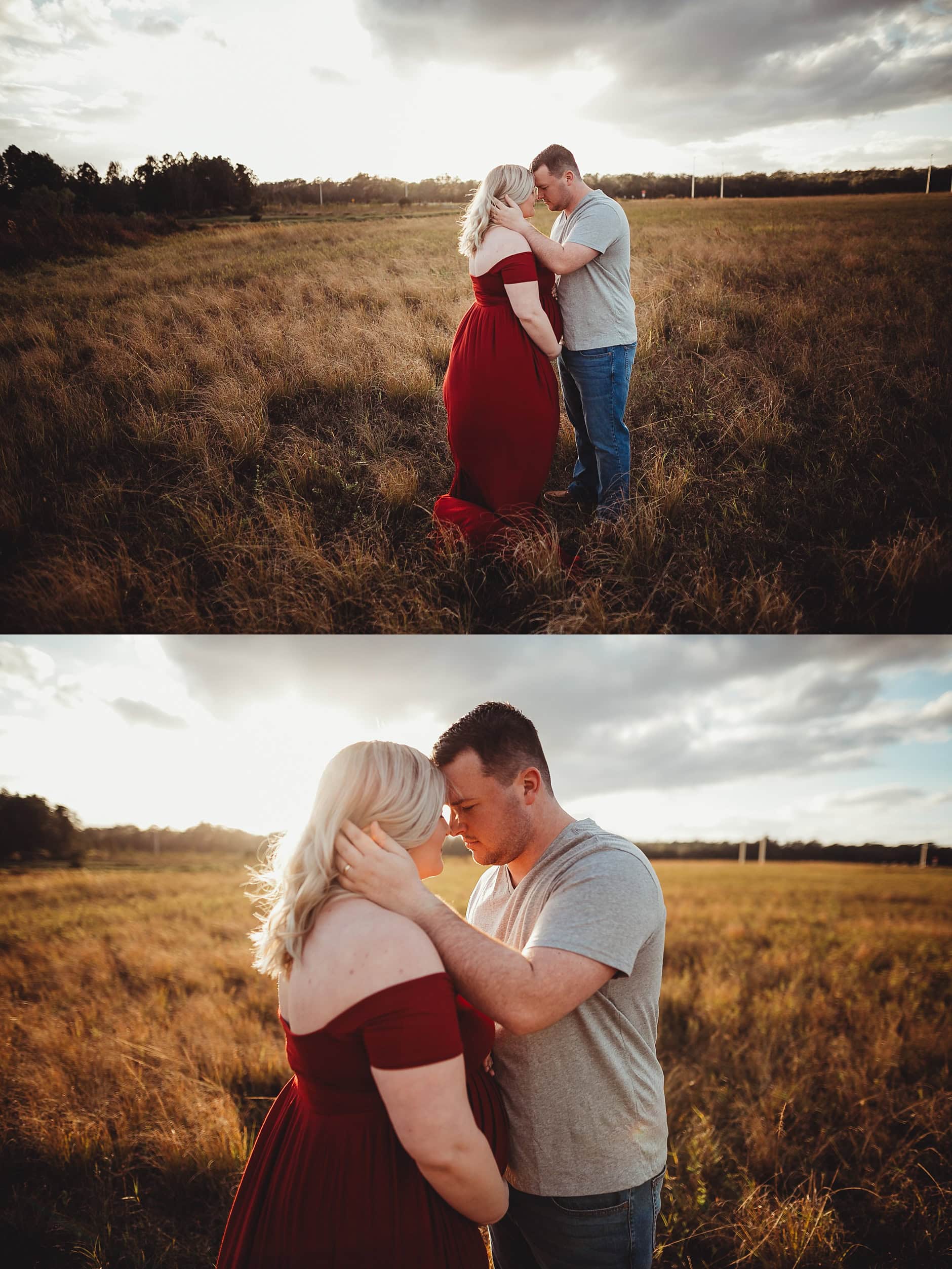 Expecting parents in intimate couples maternity session, partner kissing mom's forehead in field