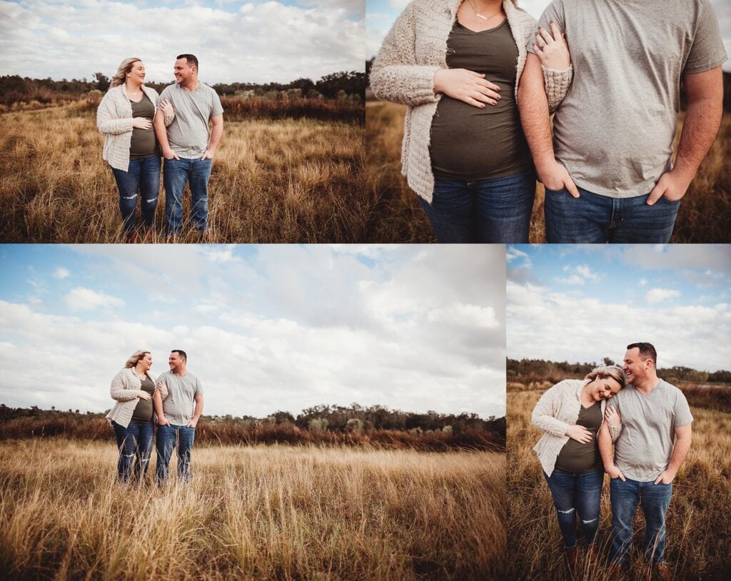 Pregnant woman in cream cardigan smiling with partner behind her, couples maternity photos Tampa