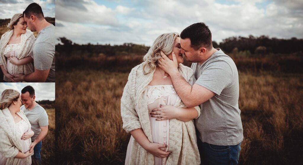 Expecting mother and father in maternity portraits, casual and intimate moments in Tampa field setting