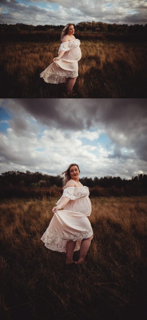 Late pregnancy maternity session with partner in open field during golden hour with moody sky