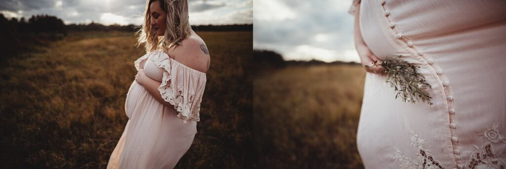 Pregnant woman and partner embrace in warm sunset light, couples maternity photography in Tampa Florida field