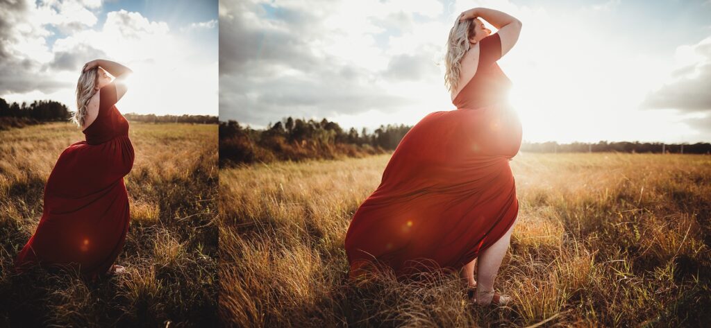 Expectant mother in burgundy maternity dress cradling bump in golden hour field, Tampa maternity photographer captures pregnancy joy